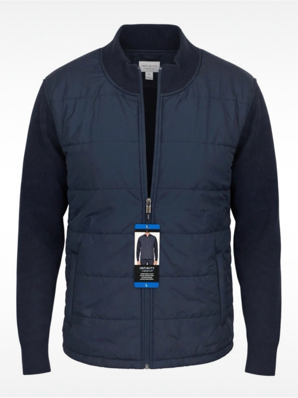 INFINITY Linear Flex Men's Navy Mixed Media Puffer Jacket knitted sleeves
